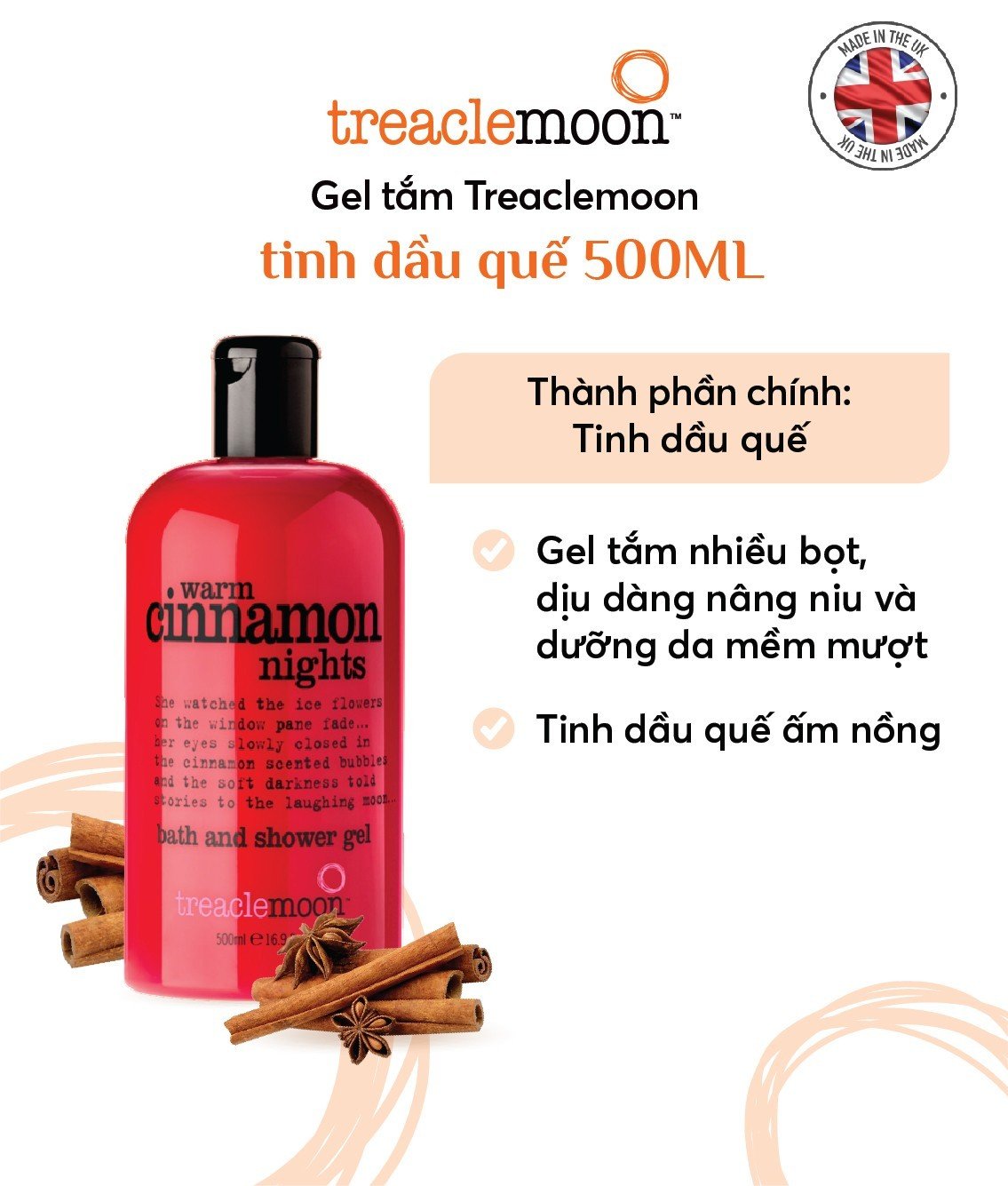 Gel tắm tinh dầu quế Treaclemoon 500ml - Warm Cinnamon Nights bath & shower gel