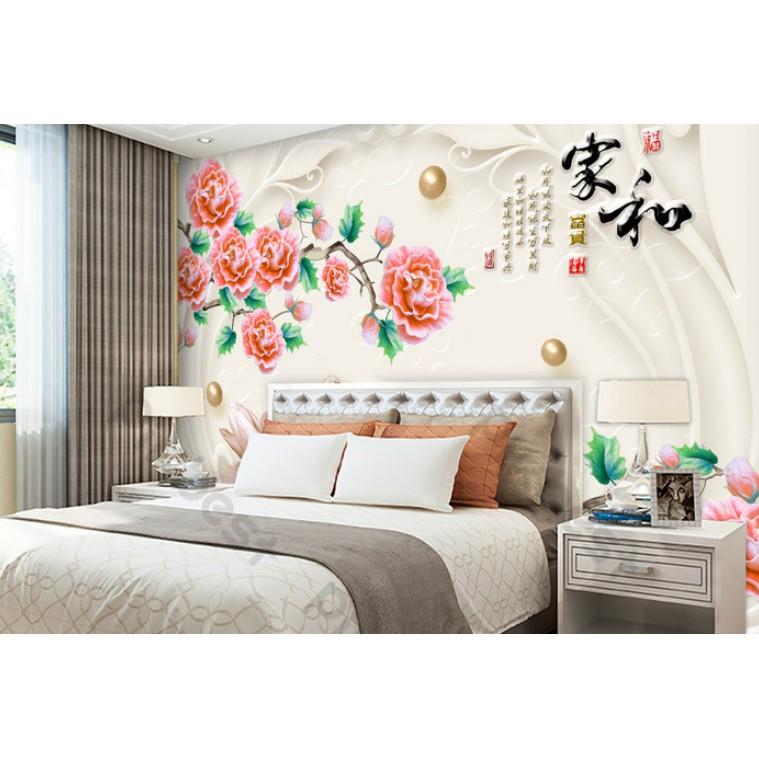 Tranh dán tường 3d trang trí phòng khách phòng ngủ hiện đại, cành hoa hồng và đôi thiên nga hạnh phúc MS1142467