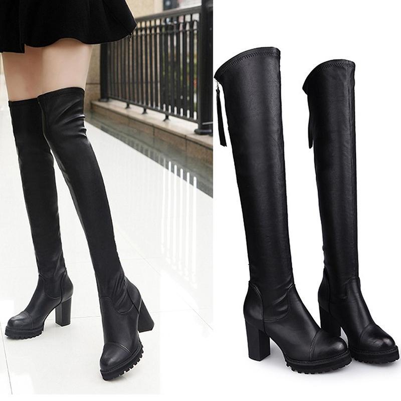 2021 Stovepipe Giày Bốt Nữ Trên Đầu Gối Hàn Quốc Mới Ống Dài Khởi Động Phiên Bản Thun Dày Nữ giày Cao Gót