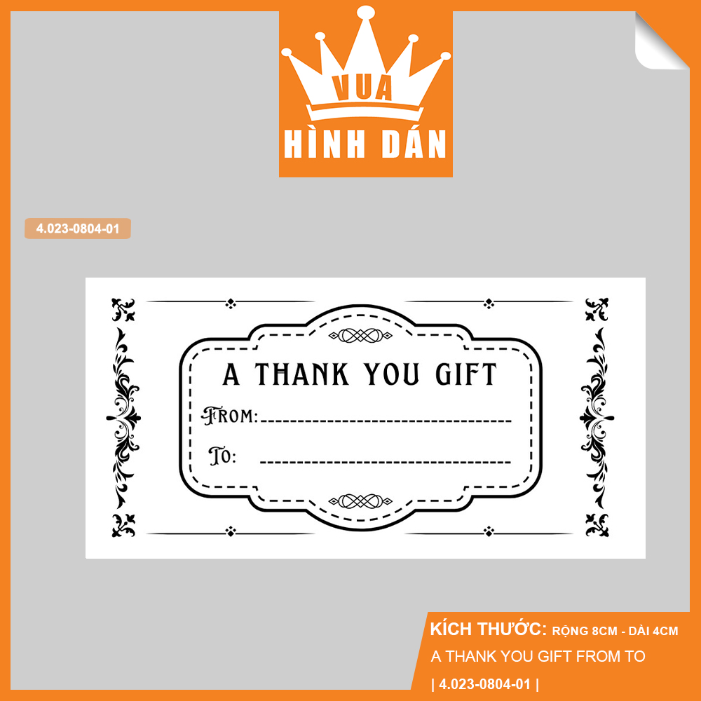 Set 50/100 sticker A THANK YOU GIFT FROM TO (8x4cm) - tem dạng decal có keo dán hộp, túi hàng, gói quà (4.023)