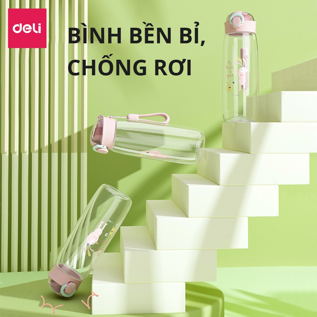 Bình Nước Bằng Nhựa Tritan Nắp Bật Có Khoá 480 600 ml Có Chia Vạch Nước Họa Tiết Dễ Thương Deli - BPA Free An Toàn Cho Sức Khỏe - Phù Hợp Bình Nước Thể Thao Cho Bé Tới Trường - 17661 17662