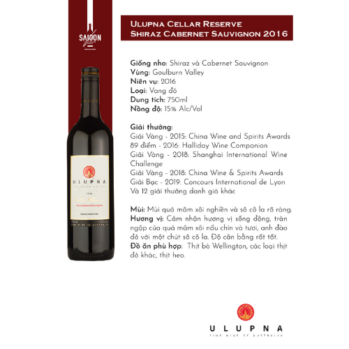 Rượu vang đỏ Ulupna Cellar Reserve Shiraz Carbernet 750ml 15% Alc