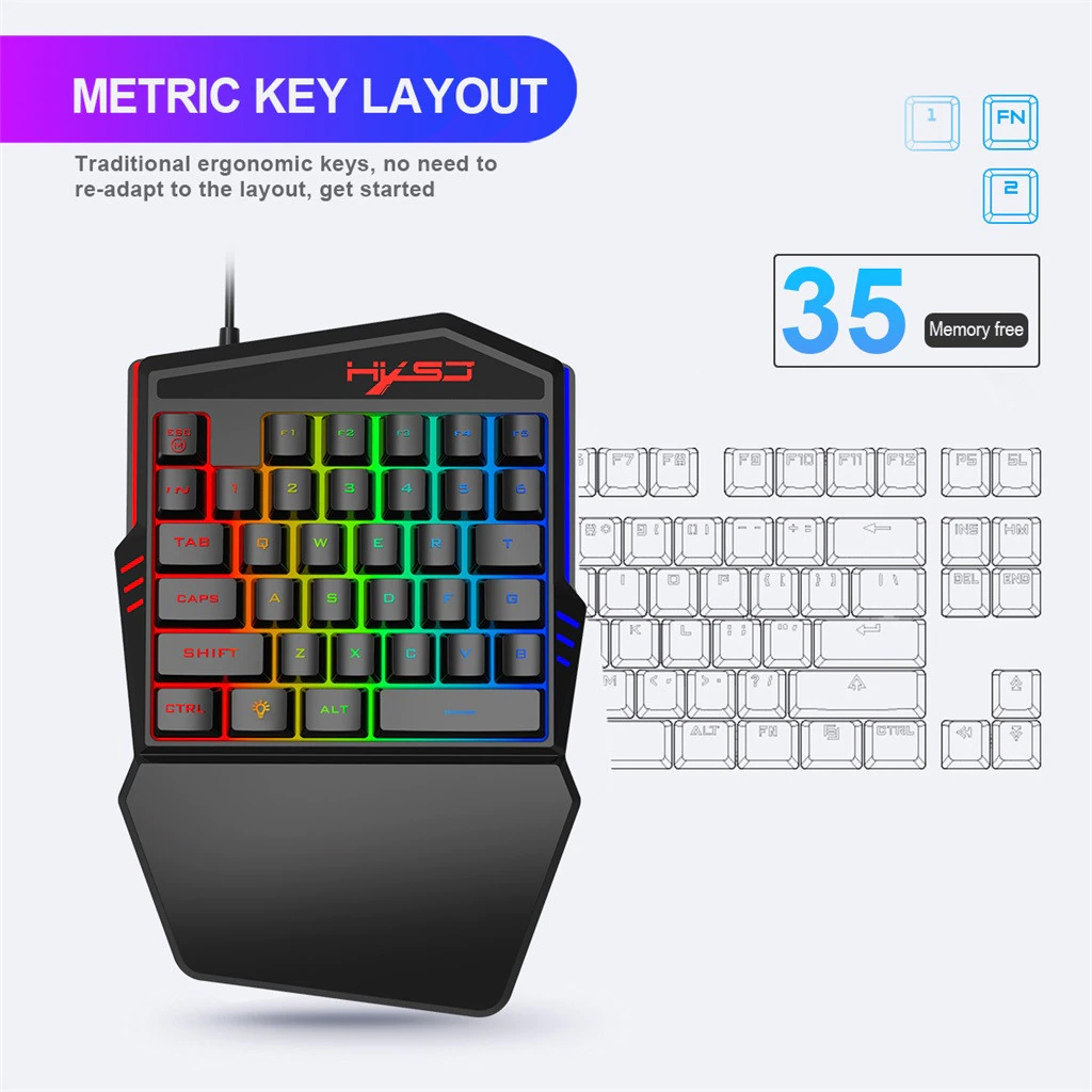 Bộ Bàn Phím Giả Cơ Một Tay 35 Phím Chuyên Dành Cho Game Thủ HXSJ V100 Kèm Chuột Gaming HXSJ A903 Độ Nhạy 3200DPI - Hàng Chính Hãng