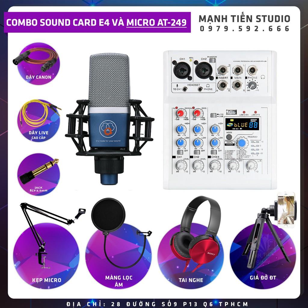 Combo thu âm, livestream Micro AQTA ALC 249 Mixer E4 - Kèm full phụ kiện kẹp micro, màng lọc, tai nghe, dây live chế