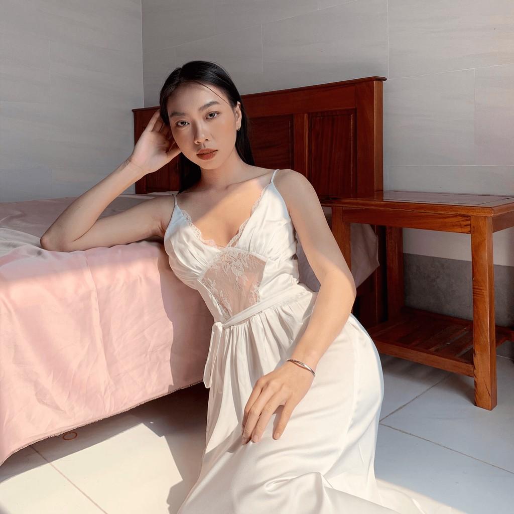 Set Đồ Ngủ Lụa Dài Qua Gối Sleepwear Chất Lụa Trơn Cao Cấp 2 Dây Phối Ren Mềm Mại Phong Cách Thanh Lịch