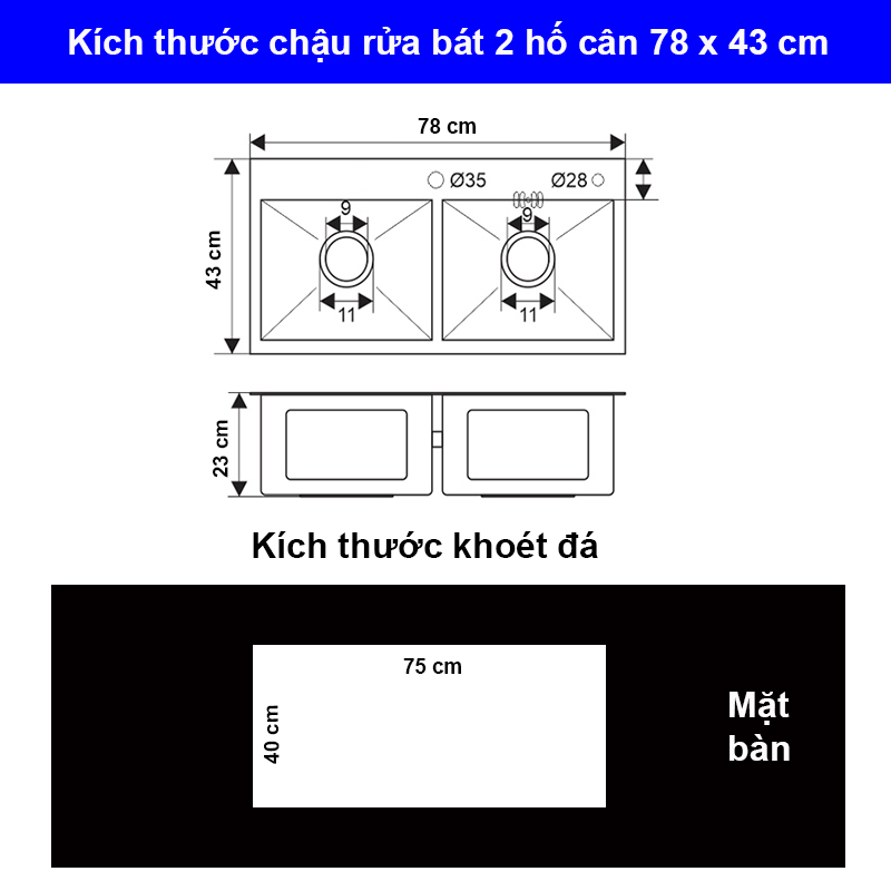 Chậu rửa bát inox 304 Pimisi đúc 2 hố cân, lệch - kích thước 7843-8245 cm đầy đủ xi phông dùng để rửa chén bát gắn được cả âm bàn đá | Hàng chính hãng