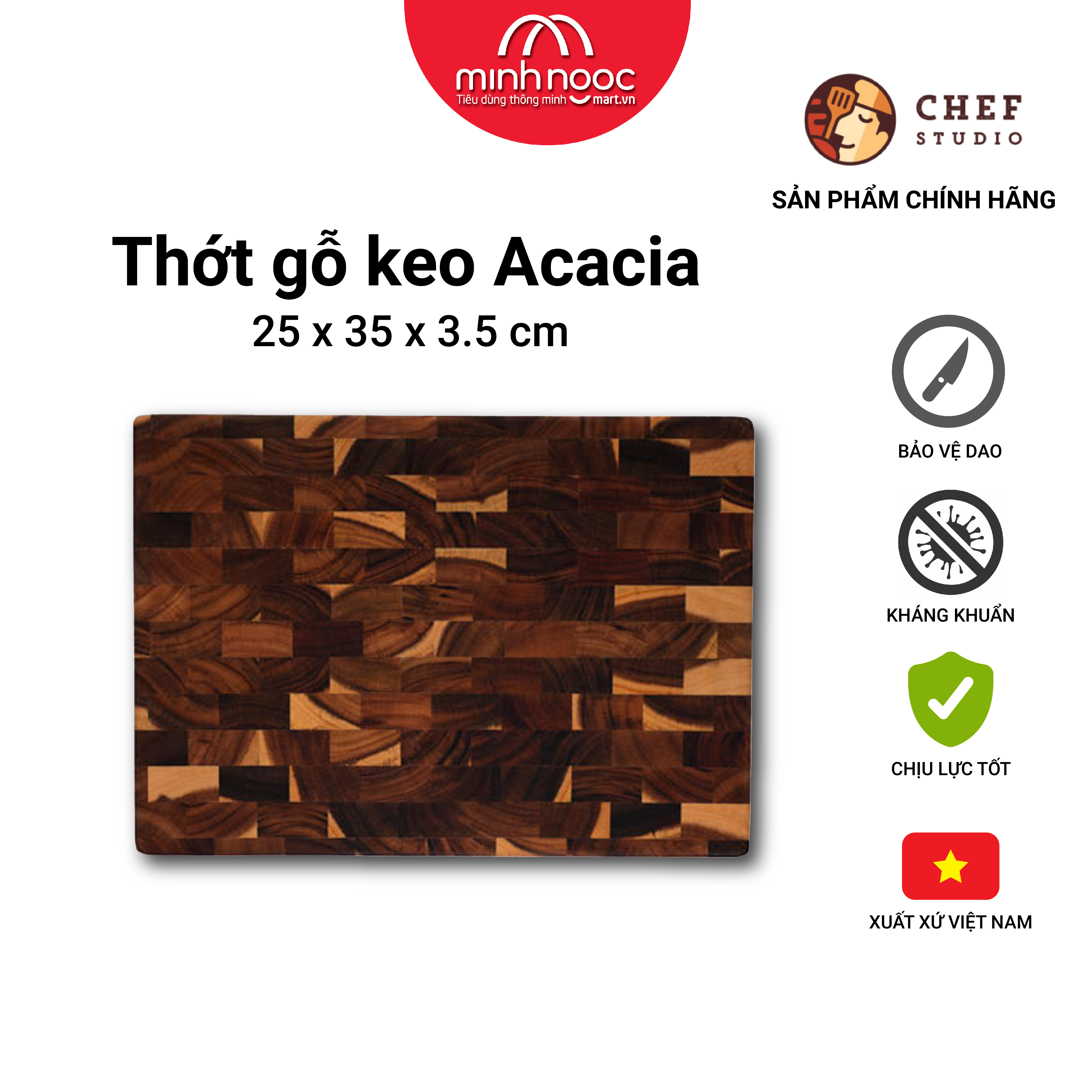 [ Hàng chính hãng ]Thớt gỗ keo (Acacia) Chef Studio chữ nhật size 25 x 35 x 3.5cm, Dùng bằm, chặt, thái, trưng bày thực phẩm