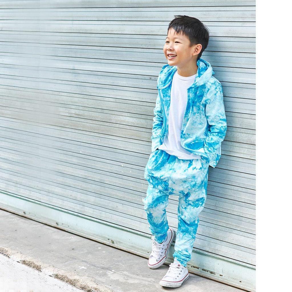 Áo khoác có nón bé trai bé gái 6 - 8 tuổi vải cotton màu xanh dương họa tiết vệt loang TJKT2-1538 | OETEO One of A Kind