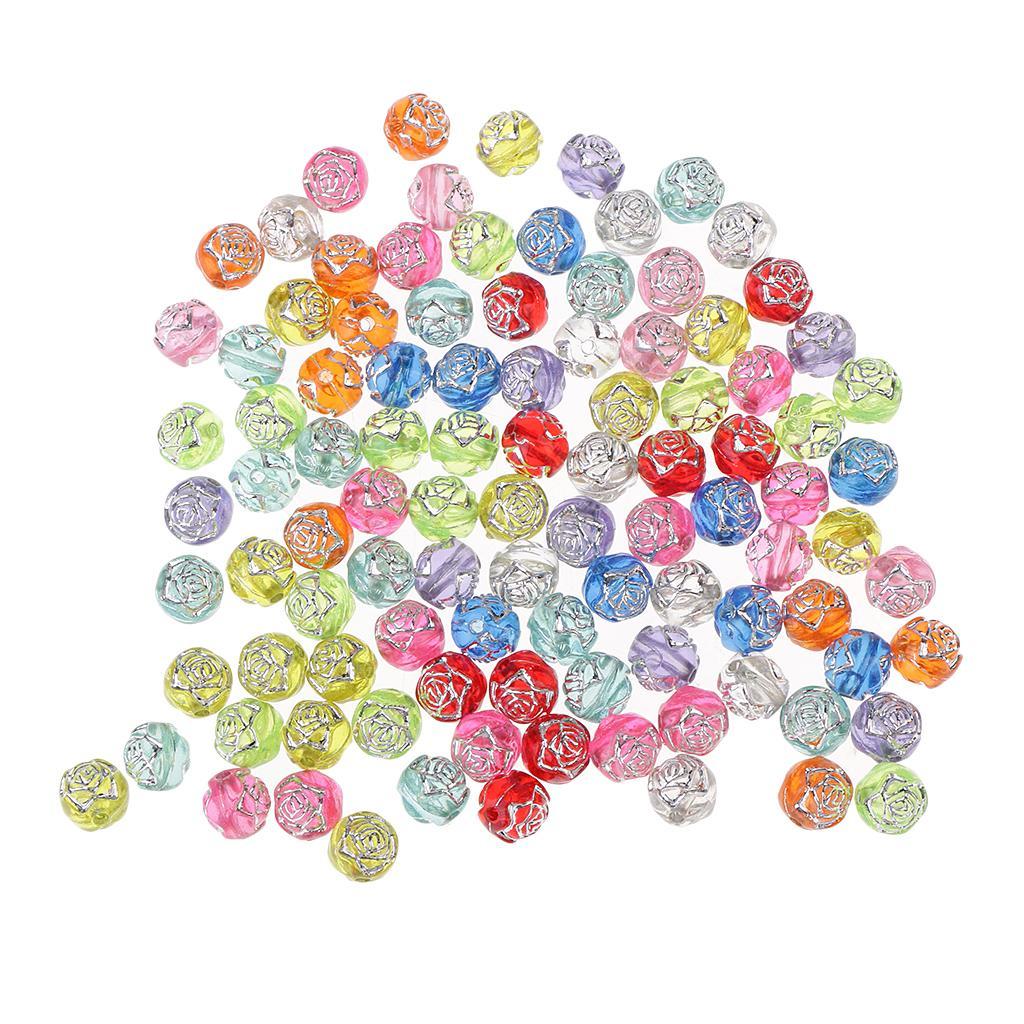 100 Pieces Assorted 8mm Acrylic Rose Flower Mixed Clear Silver Line Spacer Beads for Kids DIY Jewelry Making and Handmade Crafts Accessories