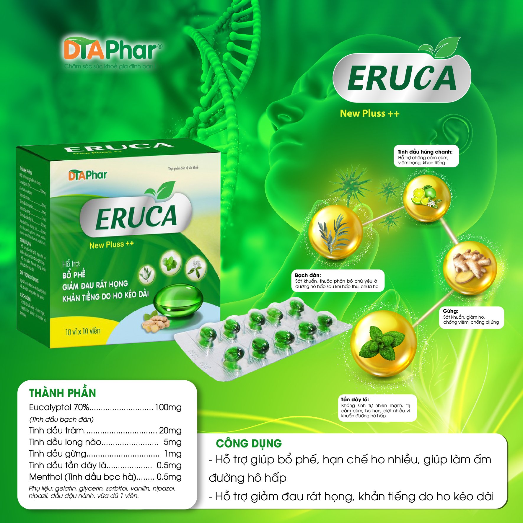 Viên uống ERUCA New Pluss ++ Hỗ trợ bổ phế giảm đau họng khản tiếng do ho kéo dài Hộp 100 viên