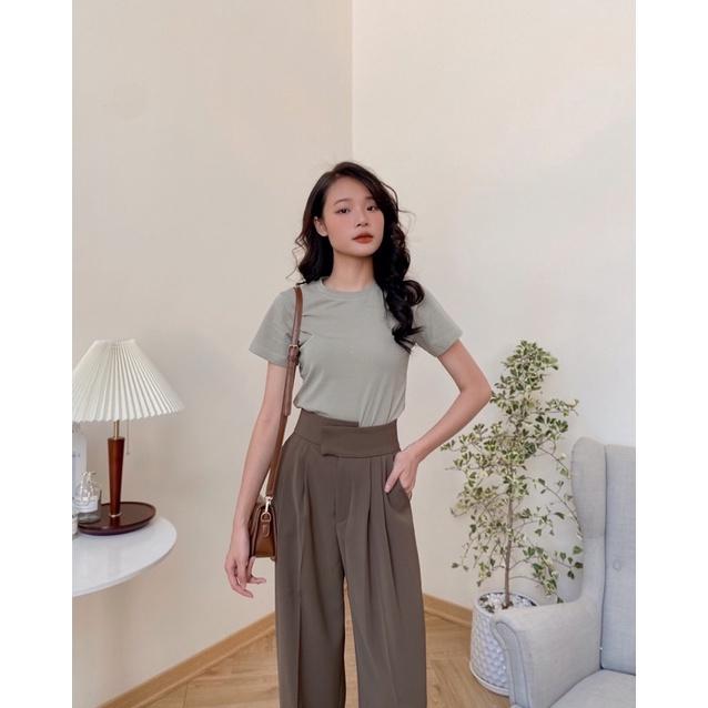 Quần culottes vải nữ cạp cao khuy chéo ống suông 74q06 by germe