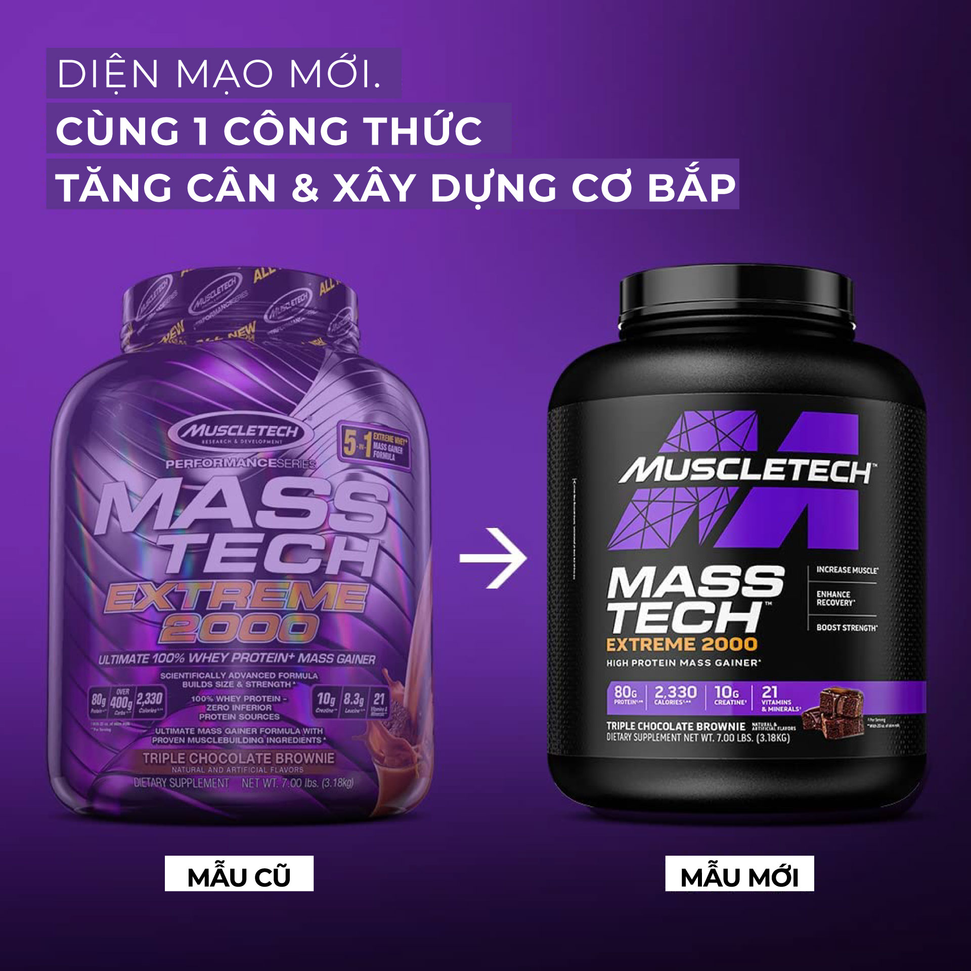 MuscleTech | Mass Tech Extreme 2000 (3.2Kg) | Sữa Tăng Cân Cho Nam Nữ | Bổ Sung Protein, Carb, BCAA, Creatine, 20 Vitamin Khoáng Chất