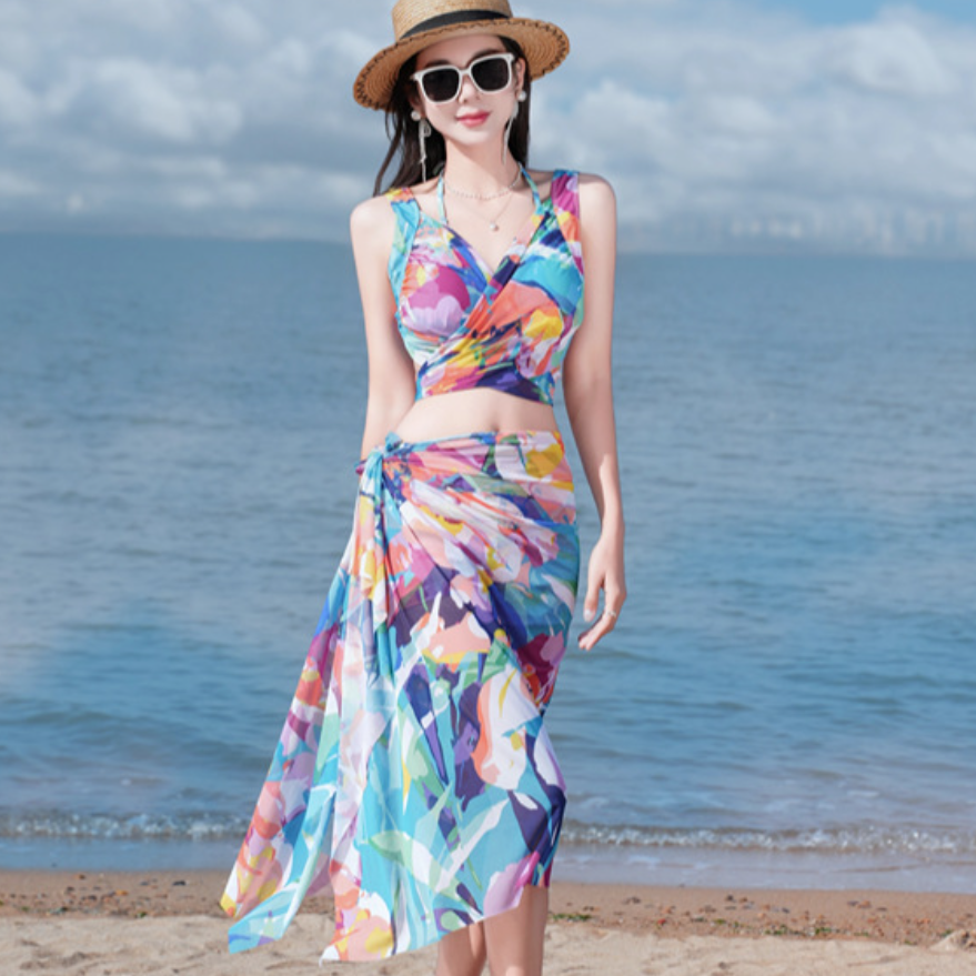 Bikini Set 3 Mảnh Kèm Khăn Choàng Họa Tiết Sang Đẹp Vải Thun Lạnh BK001 MayHomes Đồ Bơi Nữ 3 Mảnh