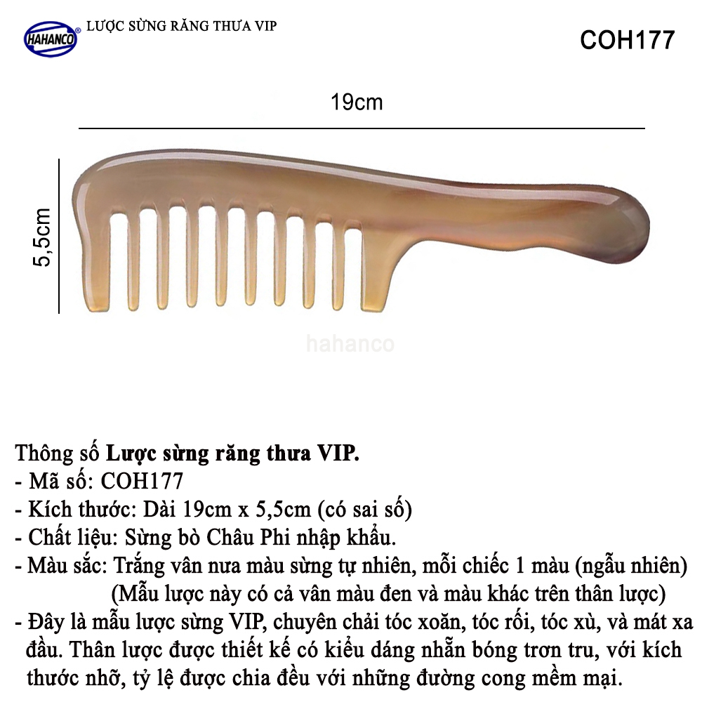 Lược sừng răng thưa xuất Nhật hàng VIP (Size: XL - 19cm) COH177 - Cho tất cả các loại tóc /xoăn /xù /rối - Chăm sóc tóc