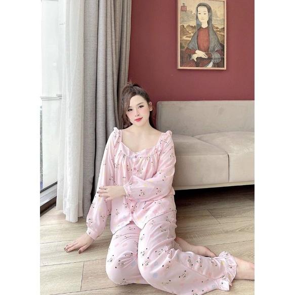 Đồ Bộ Pyjama tiểu thư, lụa Mango L1 dơi nơ, bèo, quần dài, cổ vuông, 40-60kg