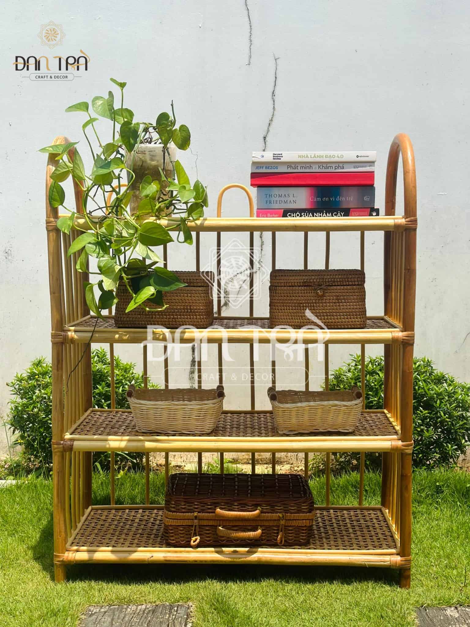Kệ Tủ Mây Tre Đan Trà- Kệ Mây 4 Tầng- Kệ Mây Đựng Sách- Nội Thất Mây Tre Đan Trà