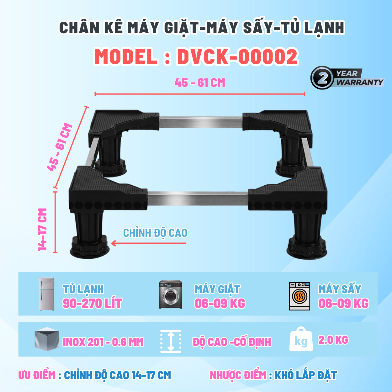 Chân Kê Daikiosan Dùng Cho Máy Giặt, Máy Sấy, Tủ Lạnh kê cao và giảm rung- Hàng Chính Hãng