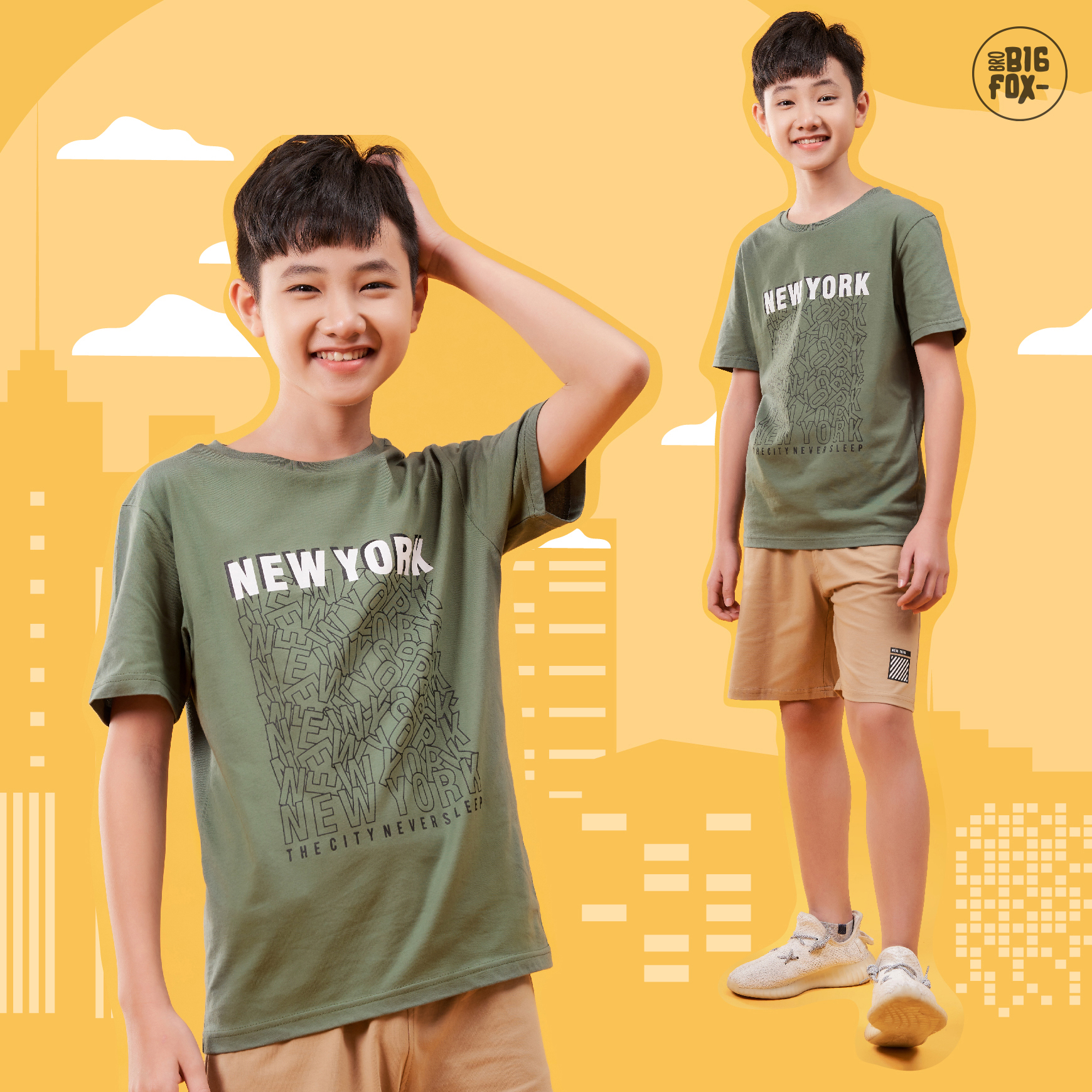 Bộ Bé Trai Size Đại Bigfox, Bộ Cộc Tay Trẻ Em Mùa Hè Chất Cotton In Hình NEWYORK 12-15