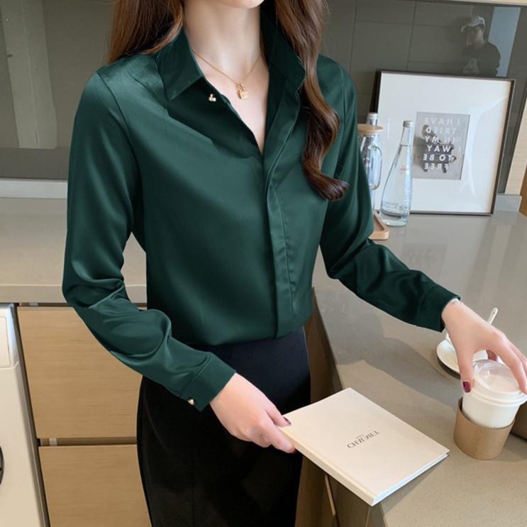 Áo Sơ Mi Nữ Công Sở Màu Xanh Lá Cổ Đức CHIPY Kiểu Hàn Quốc Vintage Ulzzang Form Rộng Dài Tay Đẹp Chất Lụa Cao Cấp A2X