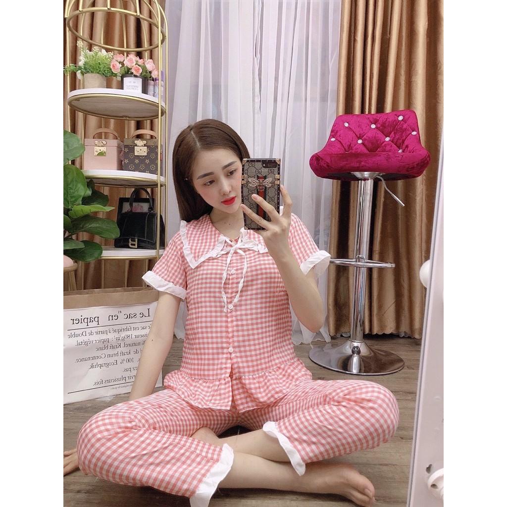 Bộ pijama cộc tay quần dài họa tiết kẻ tiểu thư