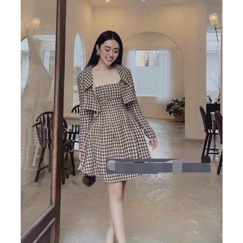 Bộ Váy Dạ Kèm Áo Khoác Croptop Caro, Set Váy Dạ Kèm Khoác Blazer Họa Tiết Caro / Size S-M / Cáo Hồng Shop