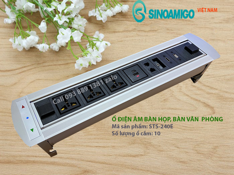 Ổ cắm âm bàn họp, bàn văn phòng Sinoamigo STS-240E, xoay 180 độ, tích hợp đầy đủ ổ cắm cần thiết cho văn phòng