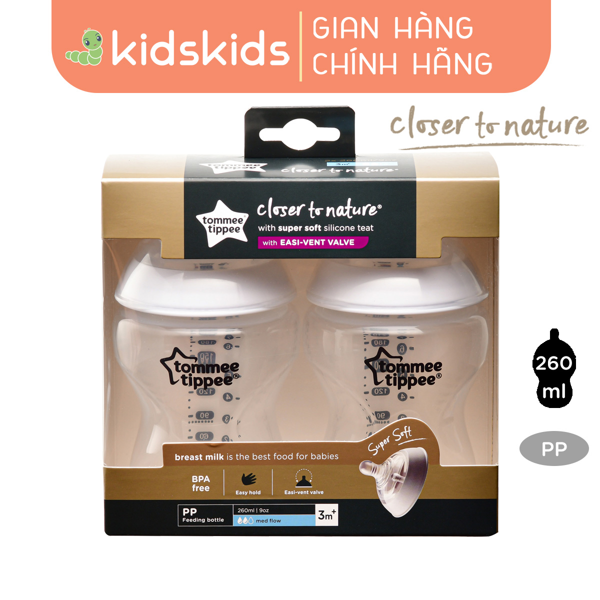 Bình sữa ty siêu mềm tự nhiên Tommee Tippee Closer to Nature 260ml, núm ty đi kèm 3-6 tháng