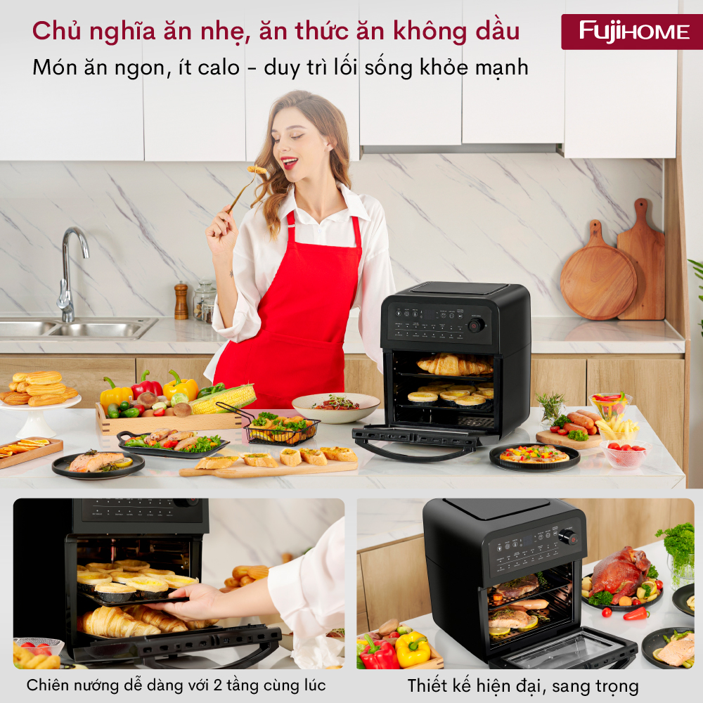 Nồi chiên không dầu 12 Lít điện tử Fujihome A12D, tặng kèm phụ kiện 7 món, 16 chế độ cài đặt món- Hàng Chính Hãng