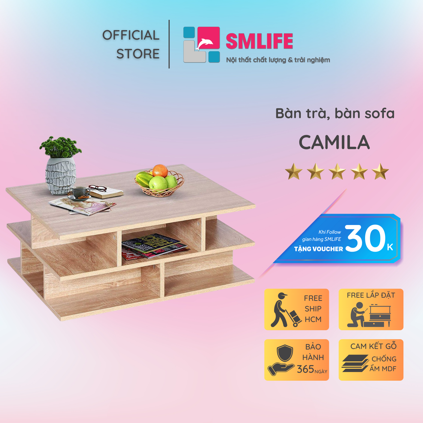 Bàn trà gỗ hiện đại SMLIFE Camila | Gỗ MDF dày 17mm chống ẩm | D70xR70xC30cm