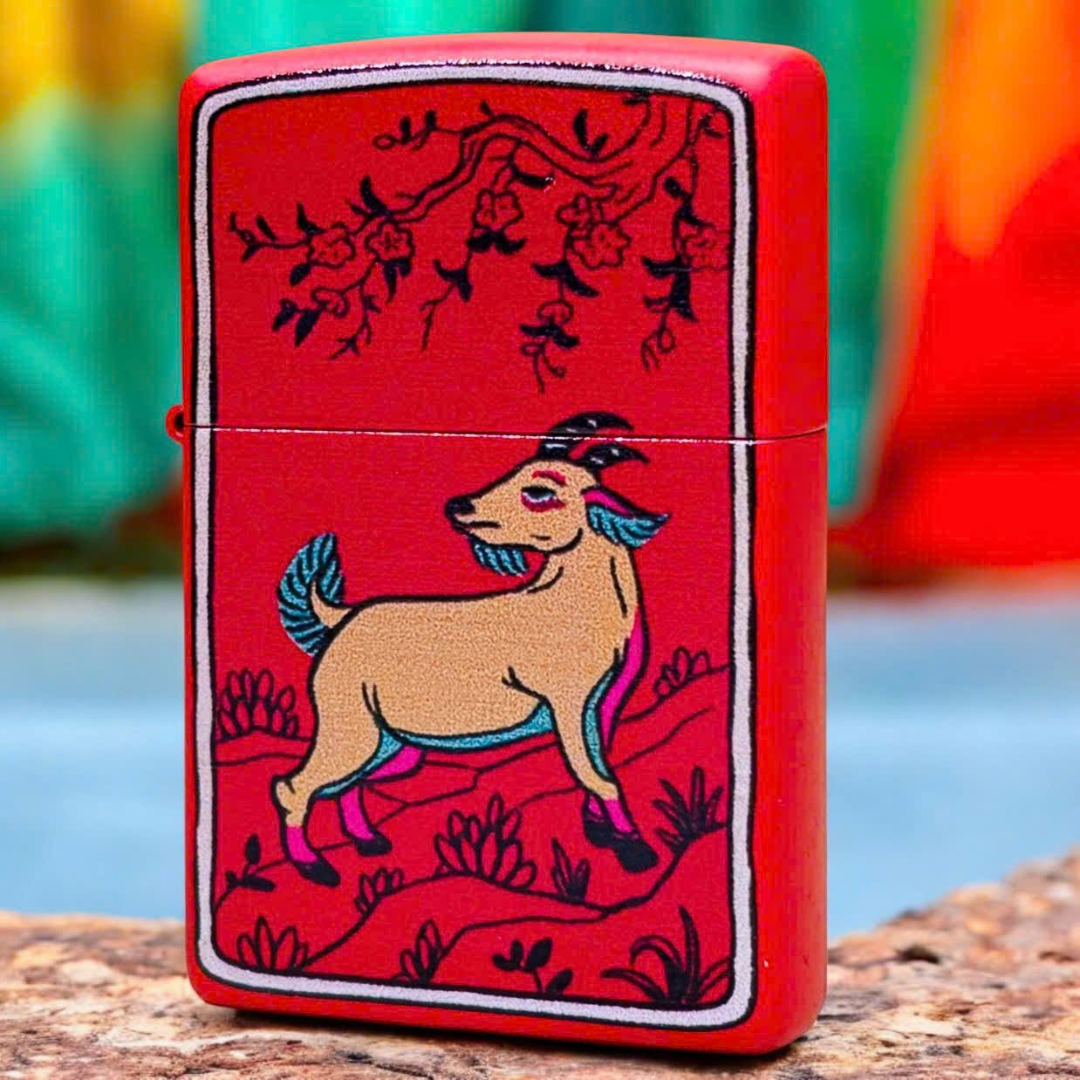 Bật lửa Zippo Year of the Goat - Phiên Bản 12 Con Giáp (Tuổi Mùi) Thiết Kế Việt Nam, Sơn Tĩnh Điện Đỏ May Mắn Chính Hãng