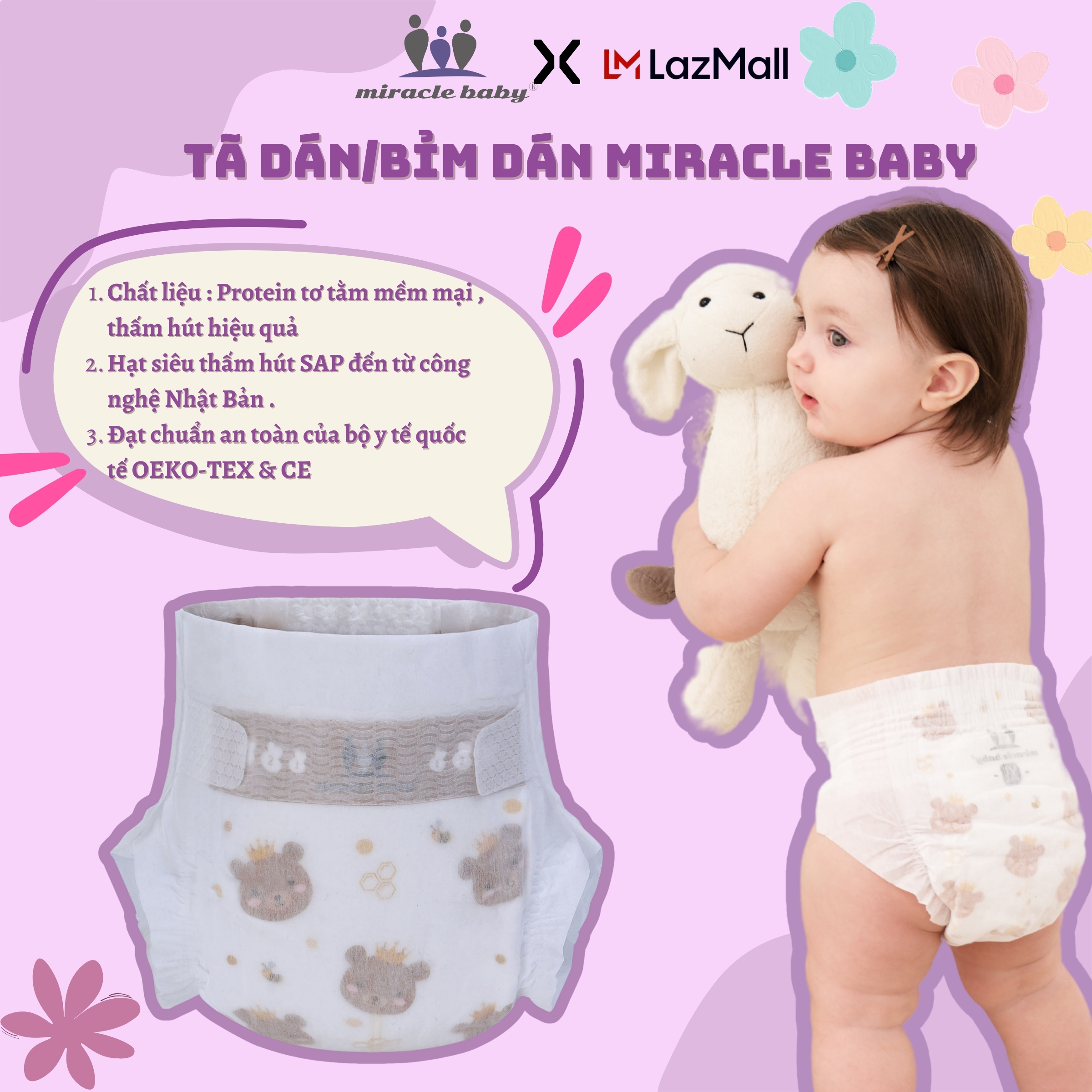 [COMBO 8] Tã dán / Bỉm dán Miracle Baby cho bé sơ sinh chất liệu Protein tơ tầm có 5 size S/M/L/XL/XXL