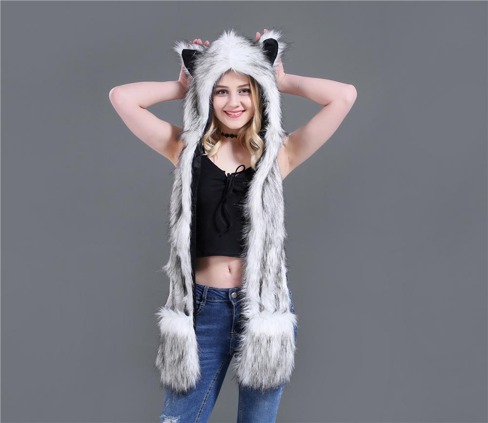 Hot Áo Lông Thú Giả Ấm Khăn Quàng Cổ Cho Mùa Đông Sói Hổ Husky Hood Khăn Mũ Găng Tay Bộ Nữ Cô Gái Động Vật Tinh Thần mũ Lưỡi Trai