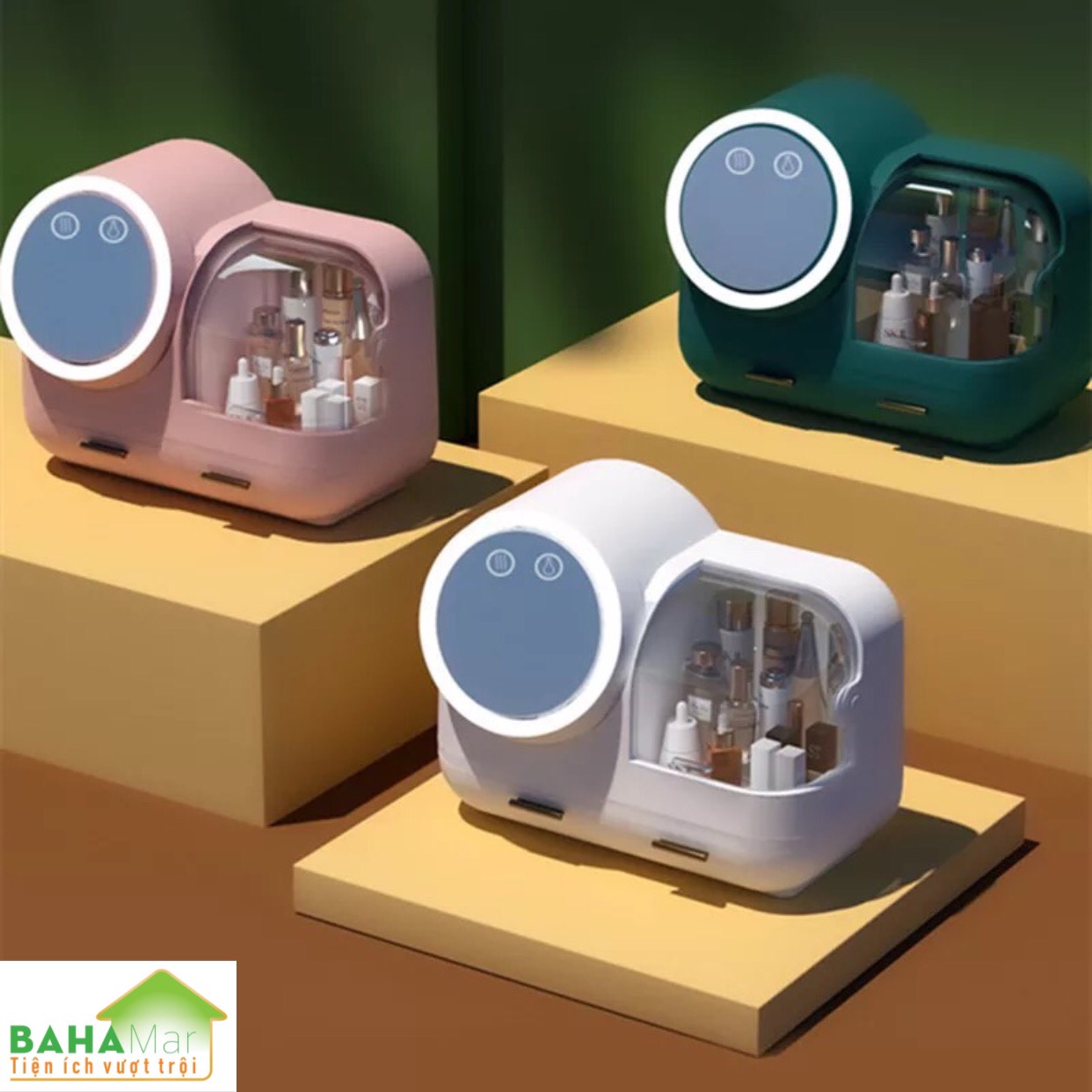 HỘP ĐỰNG MỸ PHẨM CÓ GƯƠNG TRANG ĐIỂM ĐÈN LED QUẠT BAHAMAR có quạt thổi khô lớp trang điểm thiết kế tay cầm dễ dàng xách di chuyển hộp chống bụi v