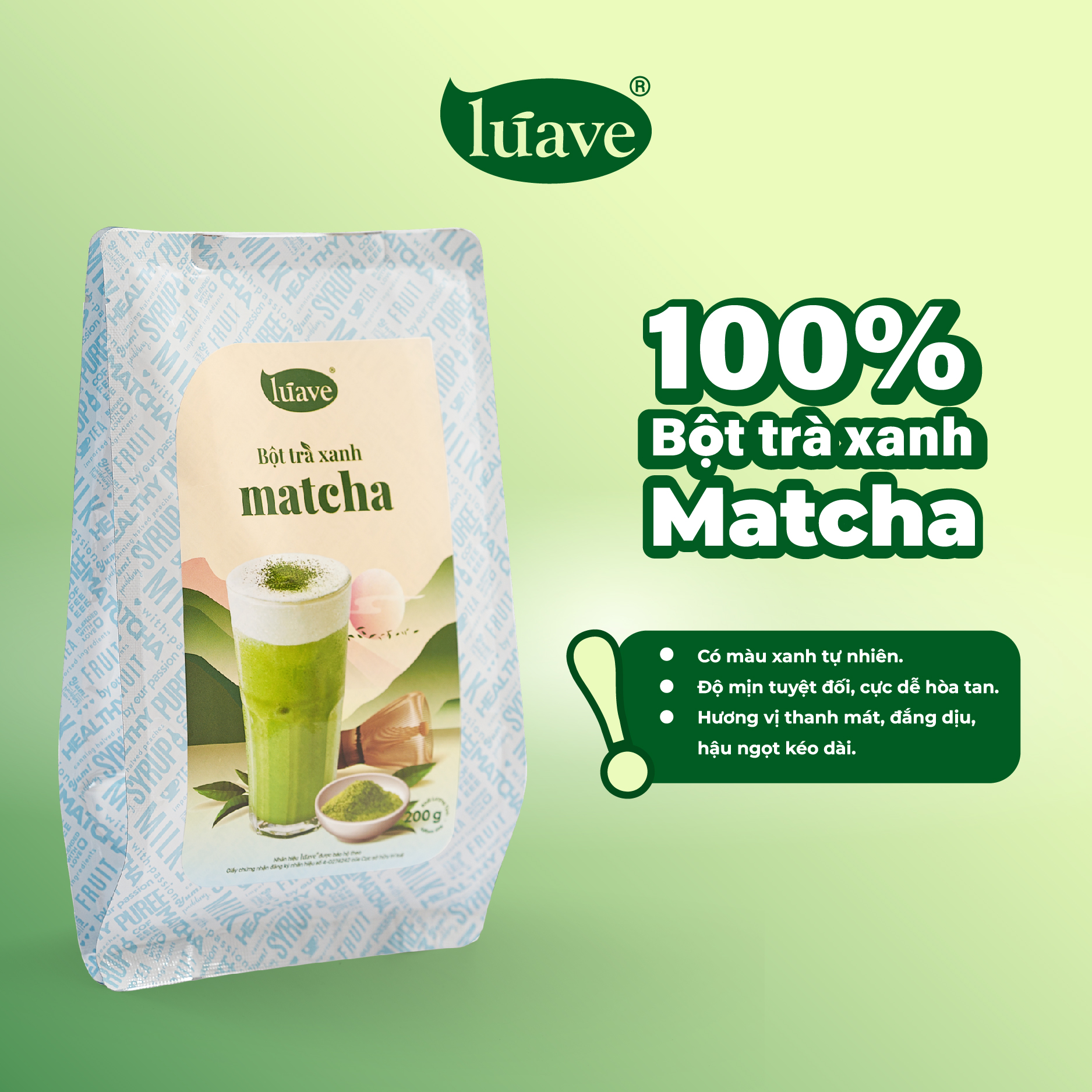 Bột Trà xanh Matcha Lúave 200g / túi - Matcha Nhật Bản, màu xanh tự nhiên, dễ hòa tan, pha chế, làm bánh, làm kem