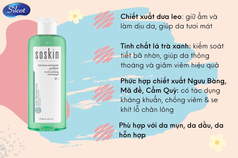 Sữa Rửa Mặt Loại Bỏ Vi Khuẩn Soskin Gentle Purifying Cleansing Gel 250ml, Cải Thiện Da Nhờn Mụn