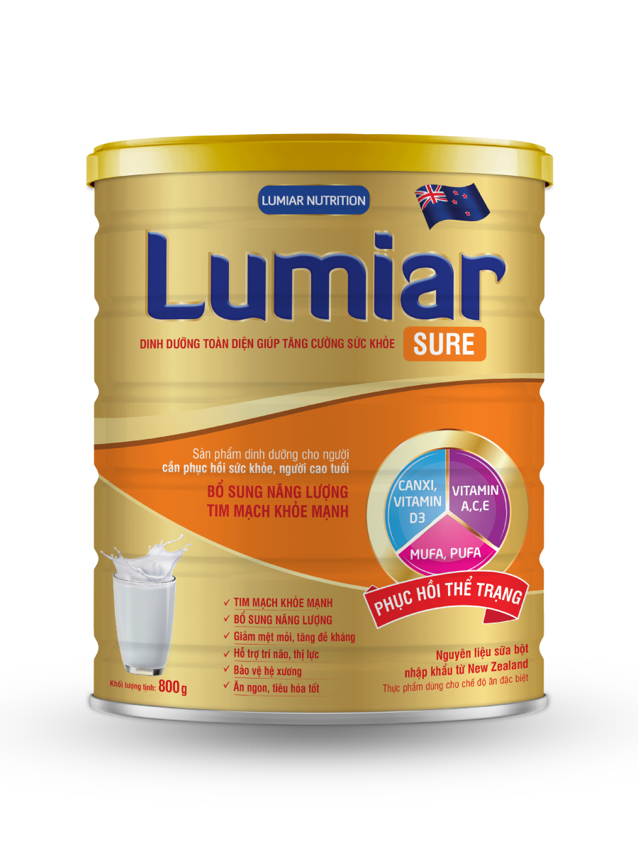 Combo 3 lon Sữa bột Lumiar Sure lon 800g - Dinh dưỡng toàn diện cho người cao tuổi. Dành cho người trưởng thành, ăn uống kém, người bệnh cần phục hồi.