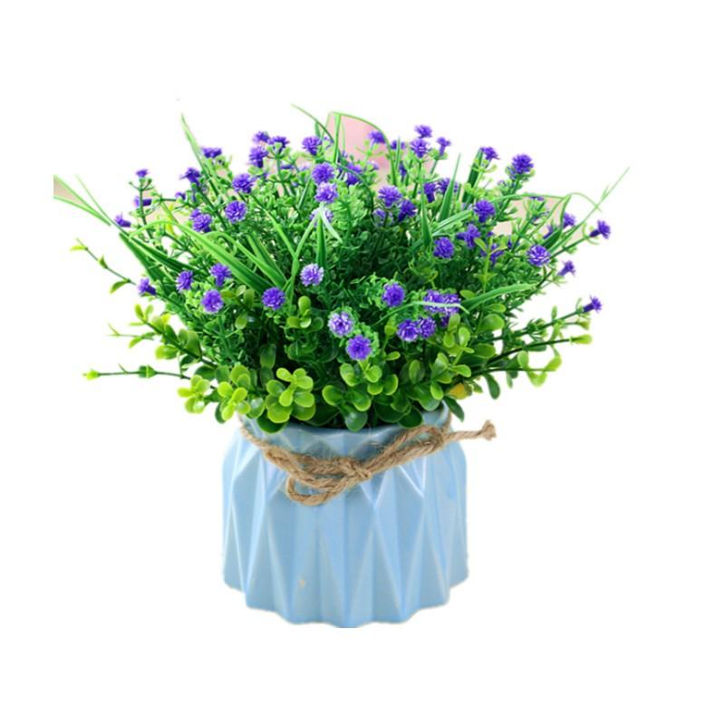 Hoa cỏ nhân tạo, bình hoa baby để bàn, kệ tủ trang trí nhà cửa, chậu sứ mini gân sọc độc đáo