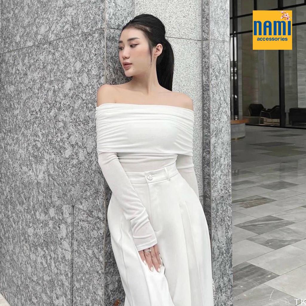 Áo thun dệt kim trễ vai tay dài nhúng cách điệu Nanami thích hợp đi tiệc phong cách sang trọng nổi bật - ATNU061