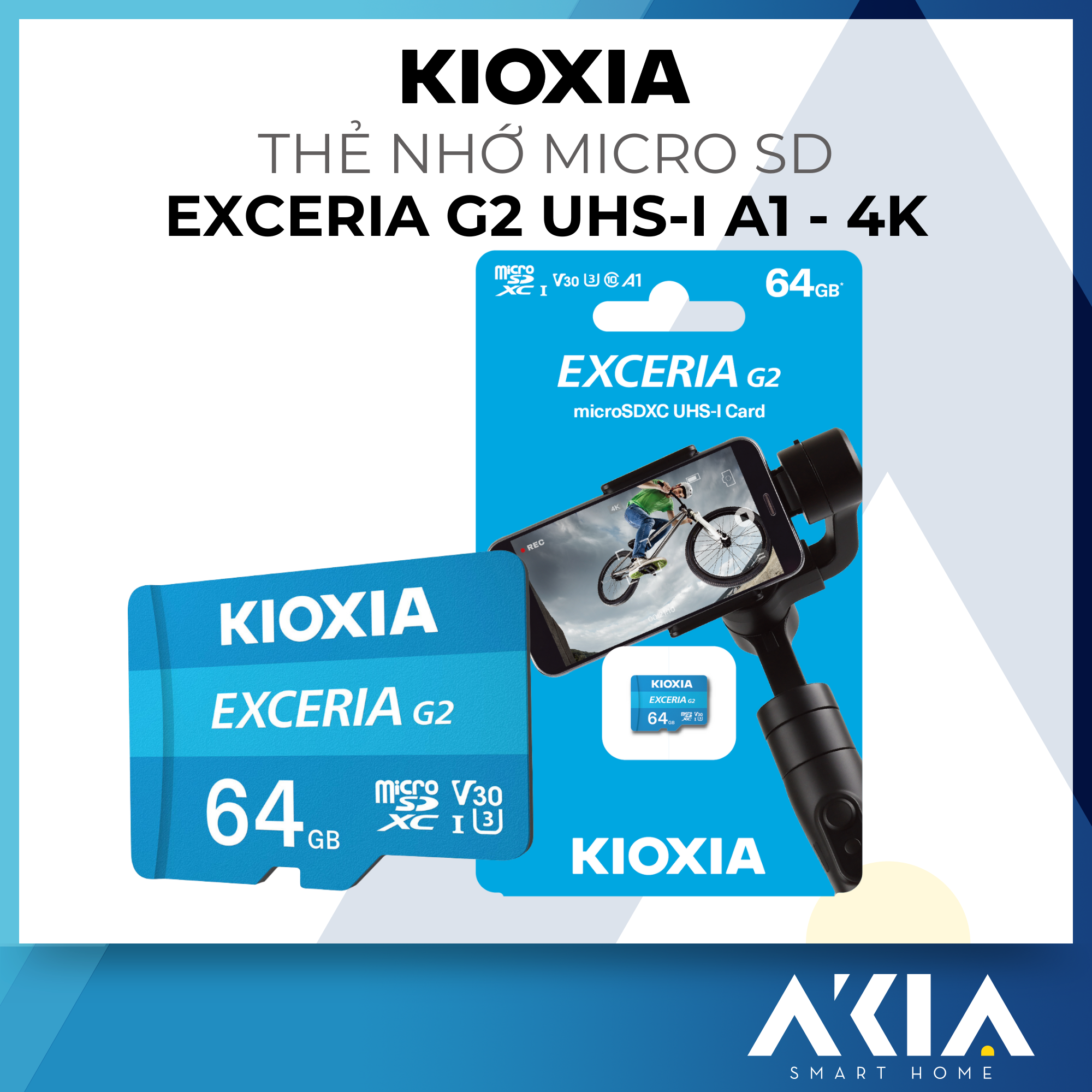 Thẻ nhớ Micro SD Kioxia EXCERIA G2 UHS-I C10 U3 V30, Ghi hình 4K chuẩn A1, tốc độ đọc 100mb/s - Hàng chính hãng