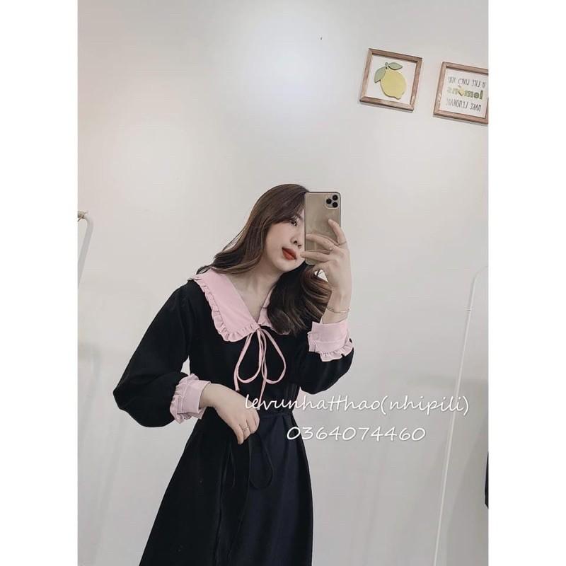 VÁY UMI ĐEN CỔ BÈO HỒNG NƠ NGỰC