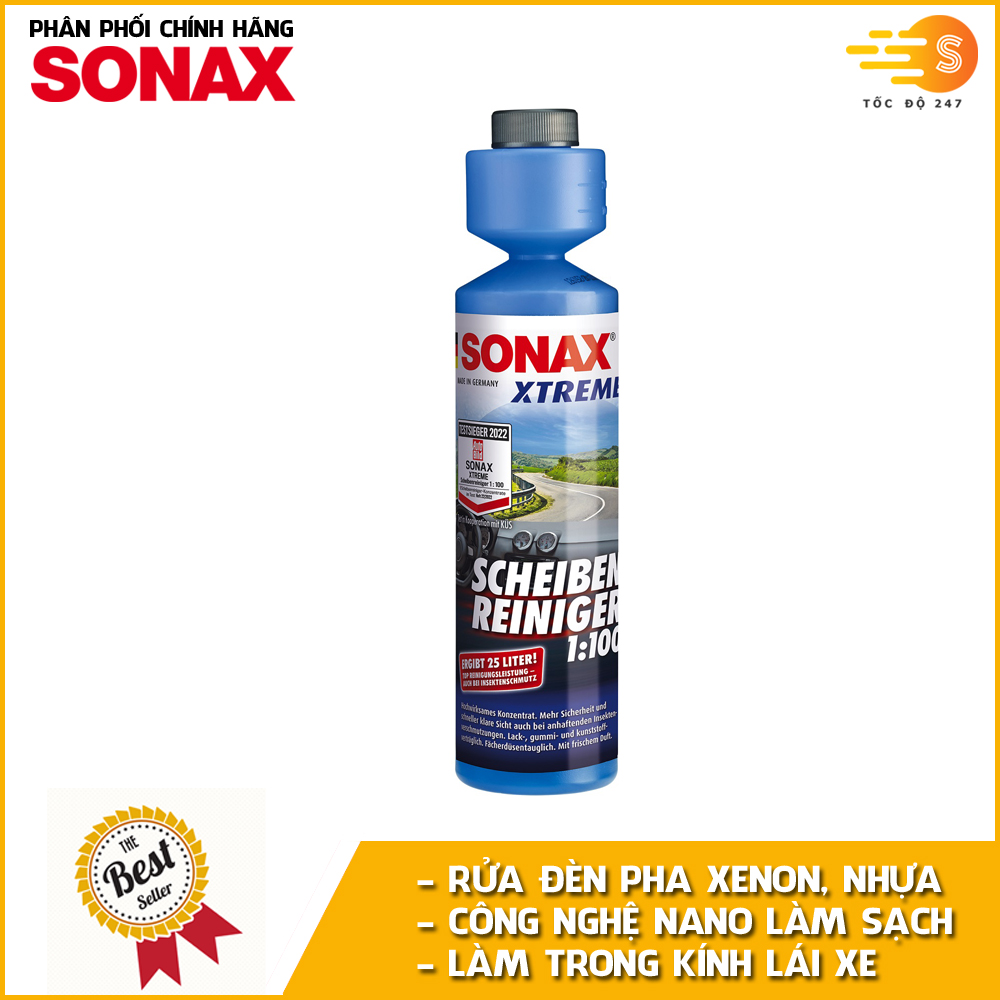 Dung dịch vệ sinh và làm trong kính lái đậm đặc 1:100 Sonax 271141 250ml - rửa đèn pha XENON, đèn Plastic, tẩy vết côn trùng, các hạt nano làm trong kính, bảo vệ kính, không tạo vết sau khi gạt nước