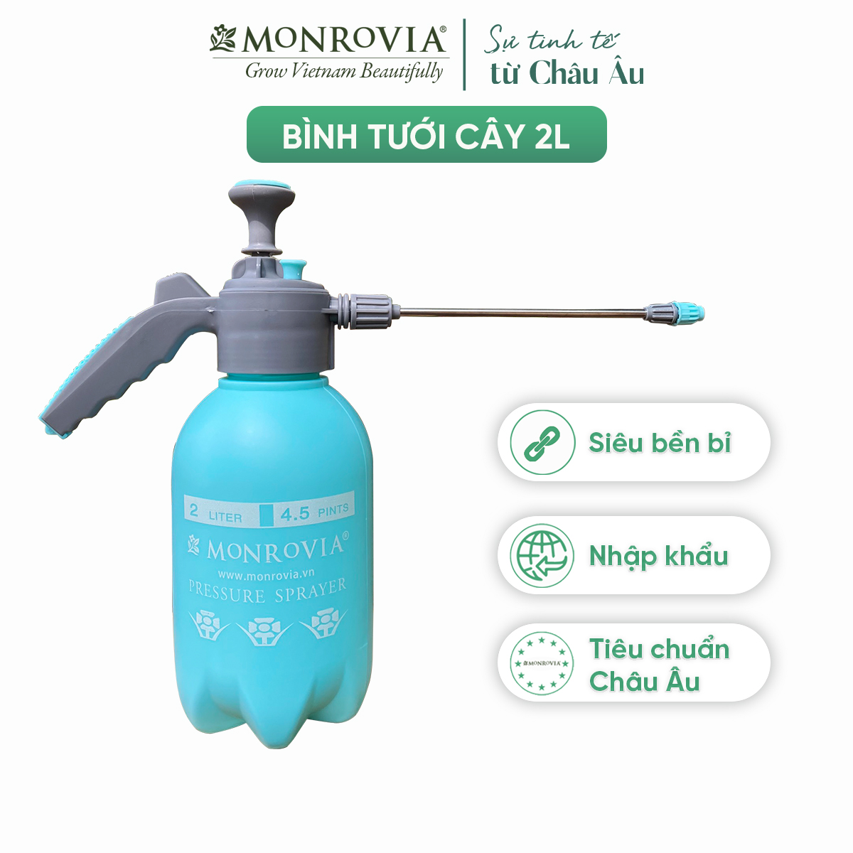 Bình xịt tưới cây MONROVIA 2 lít, phun sương tưới cây cảnh, vòi dài, tặng vòi ngắn, màu xanh, tiêu chuẩn Châu Âu