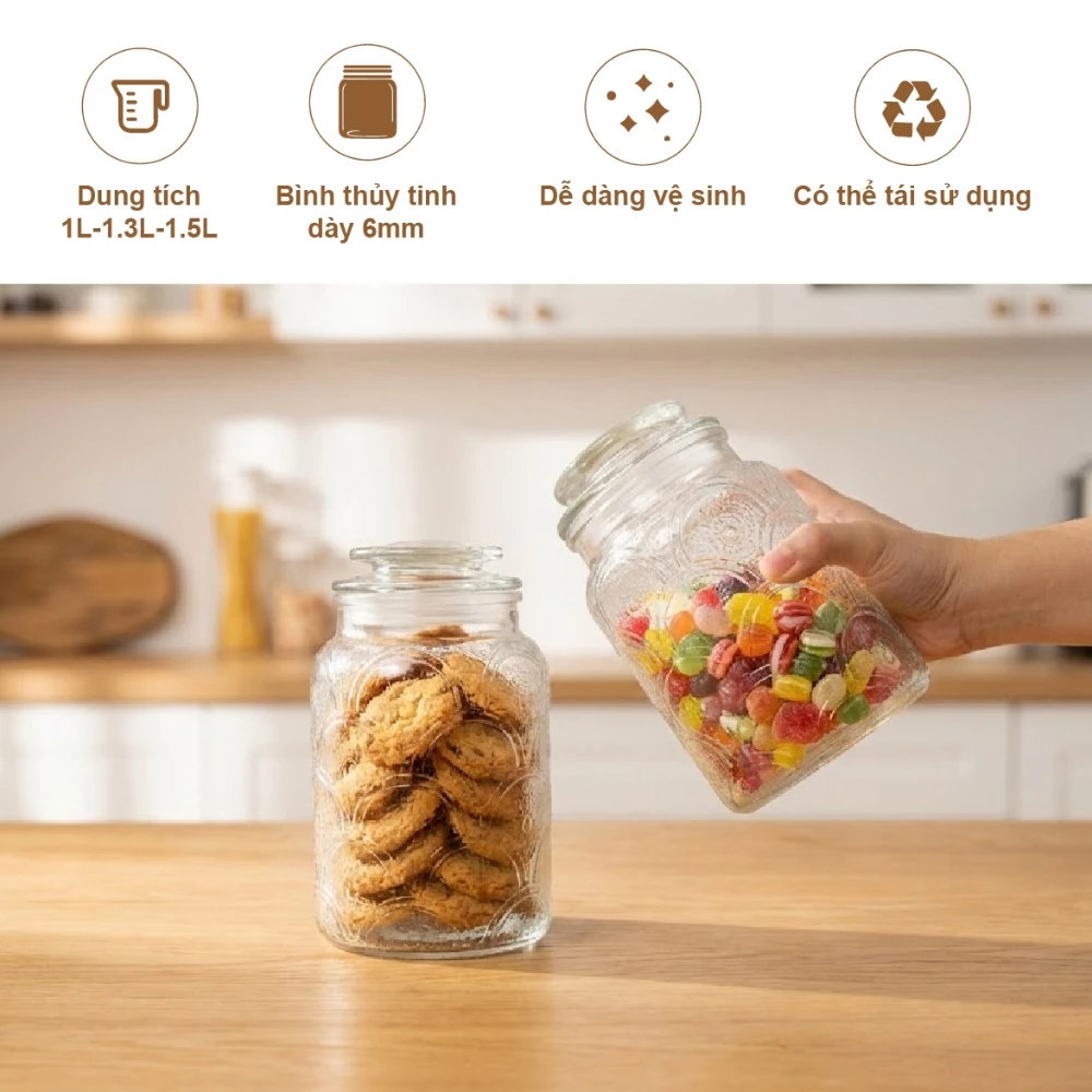 Bộ 3 Hũ Thủy Tinh Đựng Thực Phẩm Lê Bên Làng LBL1210, Nắp Kín, Hoa Văn, Dung Tích 1L, 1.3L, 1.5L