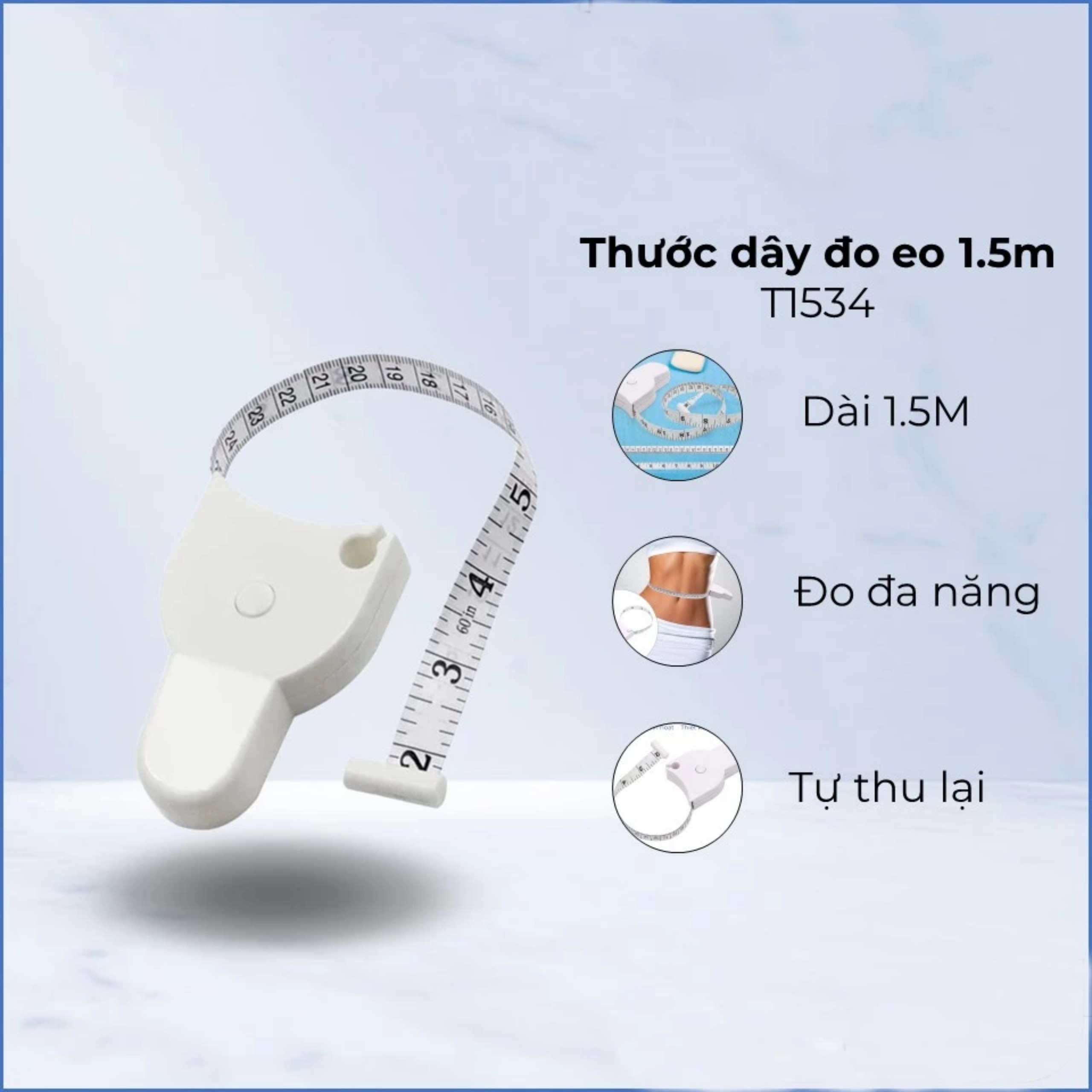 Thước Dây Kiểm Tra Sức Khỏe Có Nút Bấm Tự Rút Sau Khi Kéo, Đo Vòng Bụng, Đùi, Tay, Vòng Eo 3 Vòng 1.5m. Takyhome 5945