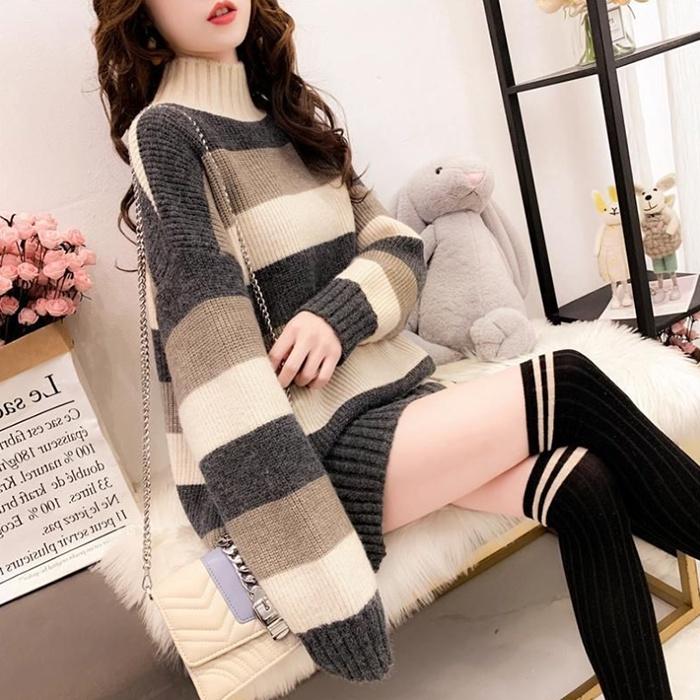 Áo len nữ form rộng cao cổ kẻ ngang Thu Đông 2021 LAHSTORE, phong cách Hàn Quốc trẻ trung, chất liệu dày dặn