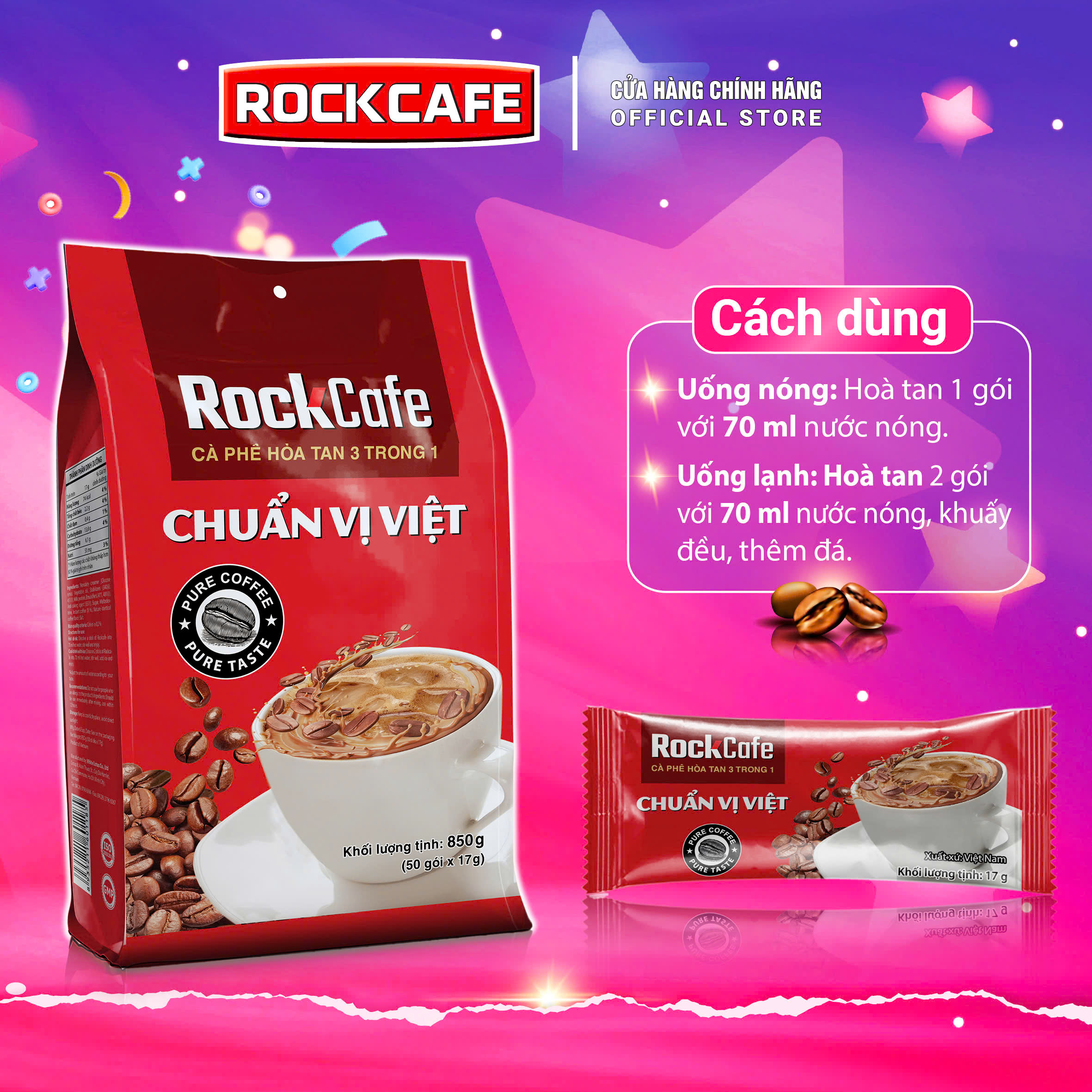 ROCKCAFE - MUA CÀ PHÊ CHUẨN VỊ VIỆT (TÚI 50 GÓI X 17 GRAM) TẶNG GÓI CAPPUCCINO MUỐI (30 GRAM)
