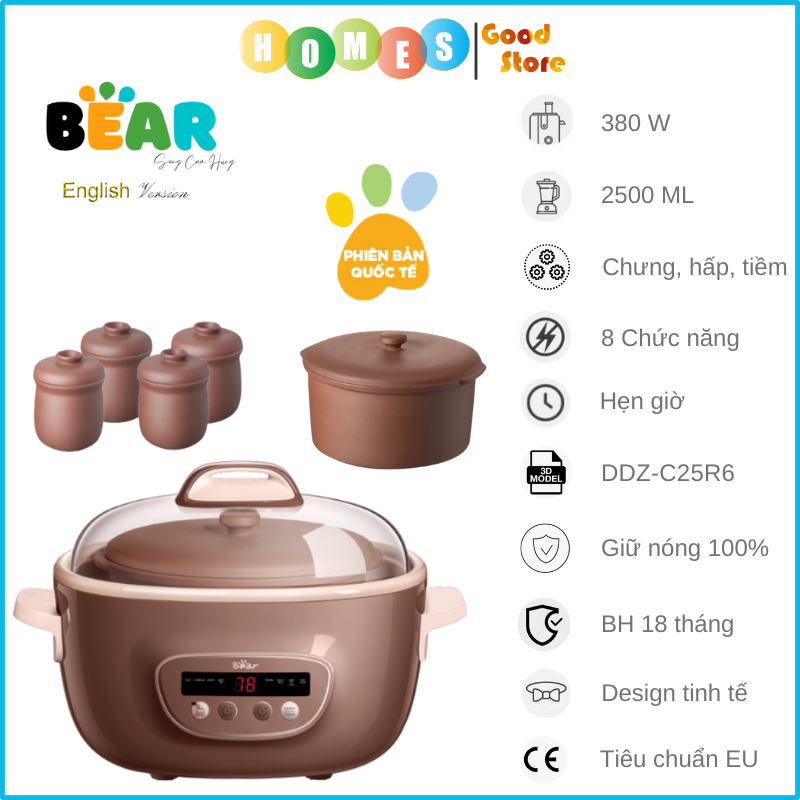 Nồi Nấu Chậm BEAR SUBE003, Nấu Cháo, Chưng Yến, Tiềm, Hấp Tự Động Hoàn Toàn Chống Trào Nước Chống Cháy Dung Tích 2.5L Phiên Bản Quốc Tế - Hàng Chính Hãng