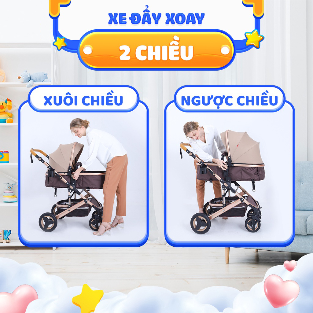 Xe đẩy kiêm nôi ru cho bé Kawaii Home, Xe đẩy 2 chiều có thể gấp gọn mang đi du lịch tiện lợi