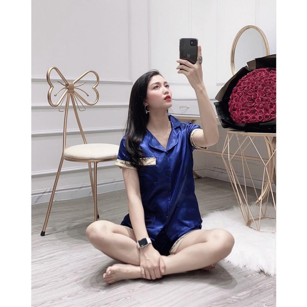 Freeship Bộ ngủ lụa satin Pijama phối chữ VNXK