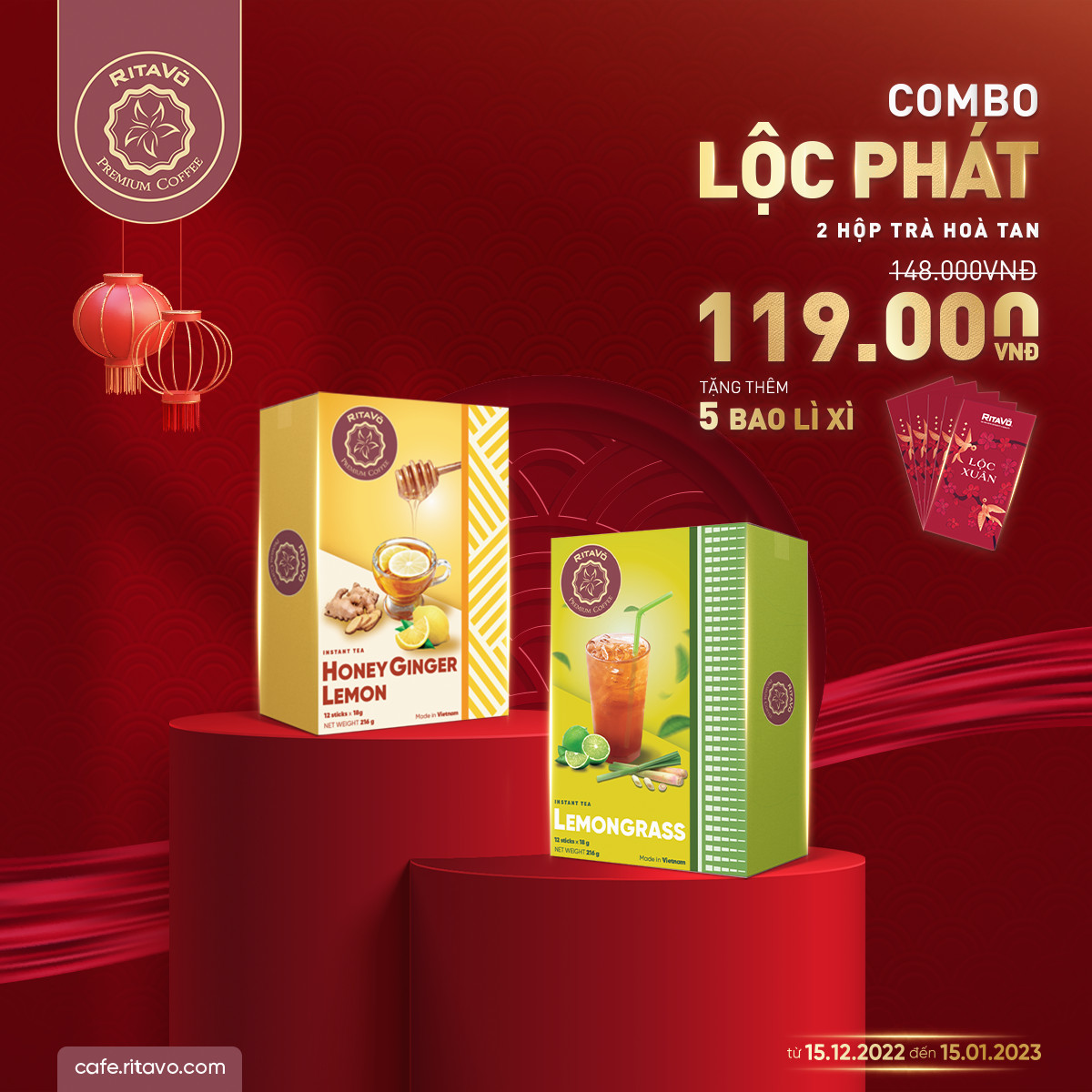 Combo Lộc Phát - 2 hộp trà hòa tan RitaVõ Cafe tặng kèm 5 bao lì xì